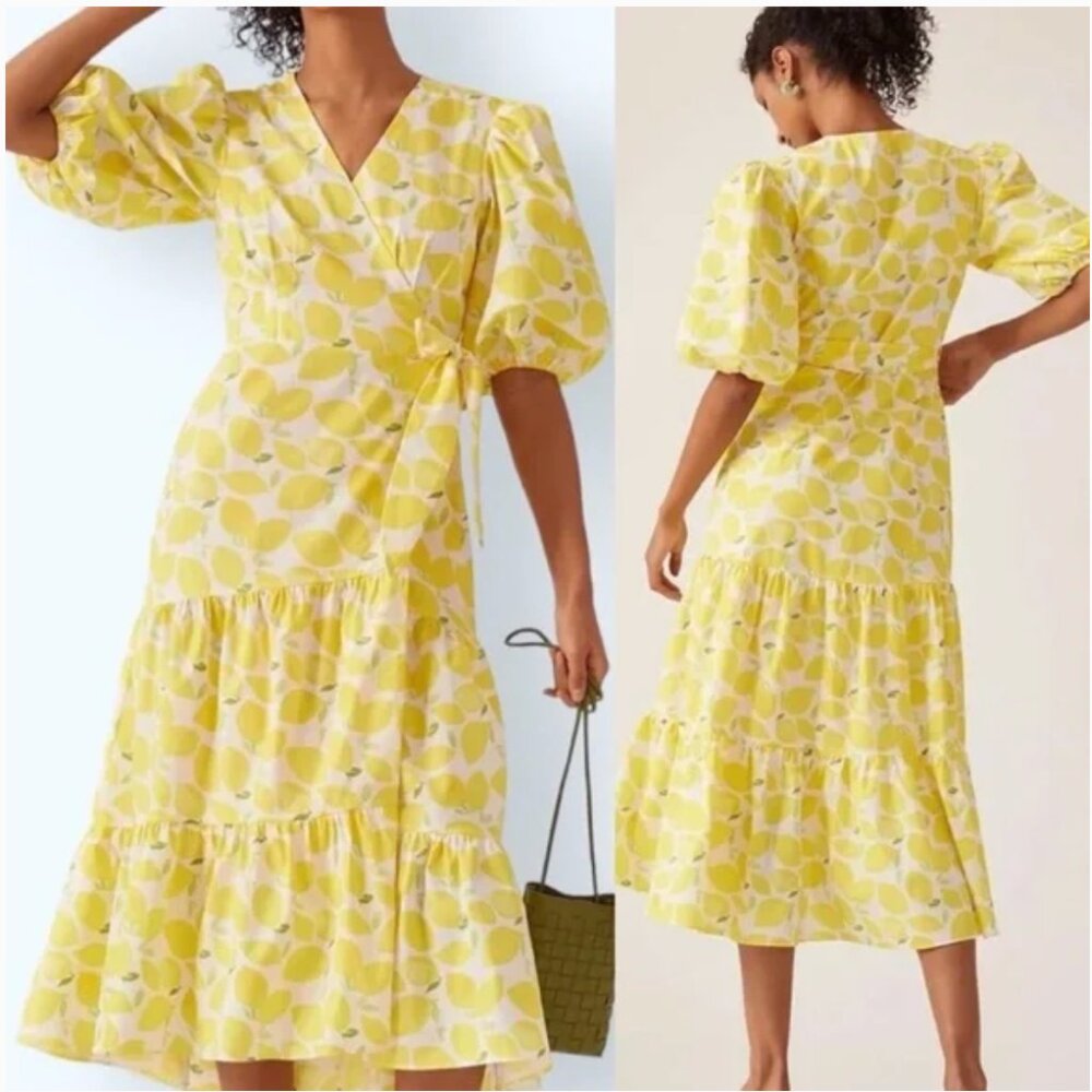 Hutch Lemon Leaf-Print Wrap Midi Dress in Yellow